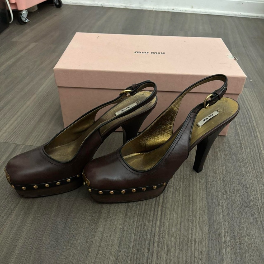 Miu Miu Dark Brown Platform Heels with Gold Studs